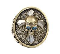 LINSION Blue CZ Eyes Cupronickel Cross Brass Fire Skull Ring BR445 Open UK Size P½~Z5 (UK R½ (59.5mm))