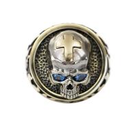 LINSION Blue CZ Eyes Cupronickel Skull Brass Fire Cross Punk Ring BR454A UK Size P½~Z5 (UK V½ (64.6mm))