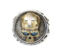 LINSION Brass Skull Blue CZ Eyes 925 Sterling Silver Fire Cross Ring TA454 UK Size P½~Z5 (UK Z+2 (71.7mm))