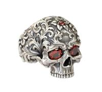 LINSION Red CZ Eyes 925 Sterling Silver Tang Dynasty Engraving Pattern Skull Ring TA439 UK Size P½ to Z5 (UK Z+2 (71.7mm))
