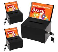LINSIRON Black Metal Donation Box with Lock, 3Pack, 6.3x4.72x3.94 Inch, Key Control, Steel, Waterproof, Portable