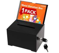 LINSIRON Black Metal Donation Box with Lock,raffle ticket box donation boxes for fundraising,tip jar,Suggestion Box with Sign Holder,Multi-Use Secure Storage with 2 Keys,6.3x4.72x3.94 Inch