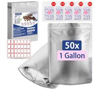 LinsKind 50Pcs Mylar Bags 1 Gallon, 10"x14"Mylar Bags with Oxygen Absorbers (50x500cc) for Food Storage, Zipper Resealable Heat Sealable Bag, Stand-up Smell Proof Large Mylar Bag with Labels