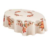 Lintex Thanksgiving Traditions Autumn Harvest Bordered Thanksgiving Tablecloth, Autumn Fall Leaves and Pumpkin Patch Border Print Easy Care Fabric Tablecloth, 60” x 84” Oval