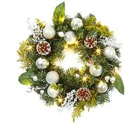 LinTimes 18 In Pre-Lit Christmas Wreath for Front Door, 45cm Silver Front Door Wreaths With 15 Led Lights, Xmas Baubles, Berries, Pine Cones for Fireplace Wall Door Christmas Outside Decoration