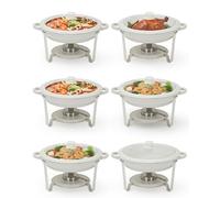 LinTimes 6PCS Maifanite Stone Coated Chafing Dish Buffet Set, 5-Litre Non-Stick Food Warmer Buffet Server with Glass Lids, Round Bain Marie Catering Serving Equipment for Weddings & Parties