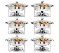 LinTimes 6PCS Round Chafing Dish Buffet Set with Glass Lid, Stackable Stainless Steel Food Warmer Buffet Server, Portable Bain Marie Catering Equipment for Parties Weddings & Events, Silver