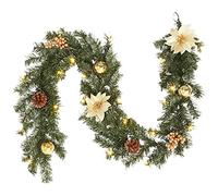 LinTimes Christmas Garland With 20 Led Lights, 6 FT Gold Xmas Garland With Artificial Flower Pine Cone Baubles Berry, Battery Operated Lighted Wreath for Door Fireplace Stairs Table Decor