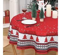 LinTimes Christmas Table Cloth Water Resistant Round Tablecloth Home Decoration Party Tabletop Cover with Christmas Tree Kitchen Table Cloth, Red 60 Round