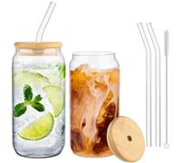 LINXIU 2 Pack Can Shaped Glasses 500ml Glass Cups with Bamboo Lids and Glass Straw Iced Coffee Cup Tumbler for Cocktail Whiskey Soda Beer