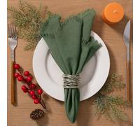 LINXTAR Handmade Cloth Napkins with Fringe 4 Pack 17''x17'' Thick Cotton Linen Napkins Soft Versatile Dinner Table Napkins for Parties Weddings Everyday Use - Olive Green