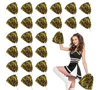LINYAPRY 24 Pcs Metallic Cheerleading Pom Poms for Kids, Cheerleaders Cheer Pom Poms with Baton Handle, Cheering Squad Hand Flower for Adults Team Spirit Sports Game Dancing Party (Gold and Black)