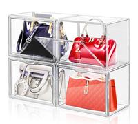 LINYAPRY 4 Packs Clear Plastic Handbag Storage, Acrylic Display Case for Purse and Handbag, Stackable Storage Boxes Bag Organizer with Magnetic Door for Clutch Wallet Toys