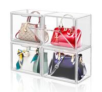LINYAPRY 4 Packs Clear Plastic Handbag Storage Organizer for Closet, Acrylic Display Case for Purse and Handbag, Stackable Storage Boxes Bag Organizer with Magnetic Door for Clutch Wallet Book Toys