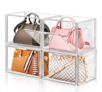 LINYAPRY 4 Packs Clear Plastic Handbag Storage Organizer for Closet, Large Acrylic Display Box for Handbag, Stackable Storage Boxes Bag Organizer with Magnetic Door for Purse Clutch Wallet Book Toys