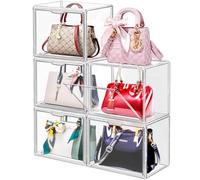 LINYAPRY 5 Packs Clear Plastic Handbag Storage Organizer for Closet, Acrylic Display Case for Purse and Handbag, Stackable Storage Boxes Bag Organizer with Magnetic Door for Clutch Wallet Book Toys