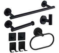 Linyoish 8-Pieces Bathroom Accessories Set Stainless Steel Towel Bar, Toilet Paper Holder,Towel Ring, Robe Hook,2 Adhesive Hooks, 2 Adhesive Razor Holder, Matte Black