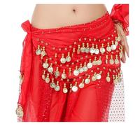 LINYpA66 Belly Dance Hip Scarf Indian Dance Practice Performance Hip Scarf Sexy Women Belly Chiffon Skirt Gold Sequins Waist Chain Tassel Belts Clubwear(Red)