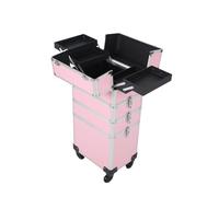 LINYpA66 Rolling Makeup Case 4 In 1 Professional Makeup Train Case Aluminum Rolling Cosmetic On Wheels Artist Organizer Storage With Trays(PINK)