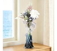 LINYTHER Blue White Clear Wave Vases Gradient, Murano Hand Blown Glass Vase Unique Art Decorative, for Ocean Themed Coastal Home Centerpiece Modern Office Entrance Table Creativity