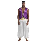Linyuir Arabian Prince Costume for Men Adult Persian Cosplay Outfits Stain Waistcoat with Harem Pants Dark Purple&White M
