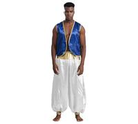 Linyuir Arabian Prince Costume for Men Adult Persian Cosplay Outfits Stain Waistcoat with Harem Pants Royal Blue&White 4XL