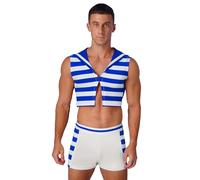 Linyuir Men's Adult Halloween Cosplay Outfits Underwear Striped Sailor Costume 2 Pieces Suit Blue XXL