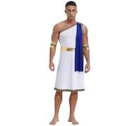 Linyuir Mens Ancient Greek Roman Toga Caesar Party Fancy Dress Costume Set with Metallic Gold Wristband Blue XXL