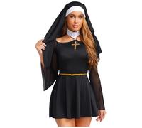 Linyuir Women Adult Sheer Nun Costume Naughty Sister Halloween Dress Long Sleeve Mesh Outfit Black 3XL