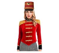 Linyuir Women‘s Circus Ringmaster Costume Long Sleeve Fringe Epaulet Velvet Showman Jacket Cosplay Costumes Red A M