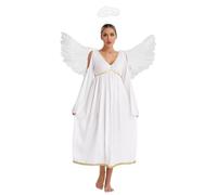 Linyuir Womens Angel Costume Halloween Cosplay Flowy Chiffon Dress With Headband And Feather Wings Ivory 4XL
