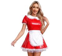 Linyuir Womens French Maid Costume Wetlook Patent Leather Tutu Dress With Apron Maid Outfits Clubwear Red 4XL