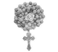 LinZengYo Catholic Rosary Beads with 8mm White Cat's Eye Glass, Ornate Silver Crucifix and Virgin Mary Medal, 24 Inch, 59 Pieces, Standard, Glass, Cats Eye