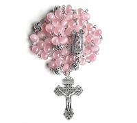 LinZengYo rosary beads catholic for women and men, 8mm Pink Cat's Eye rosary beads with Ornate Silver Crucifix and Virgin Mary Medal