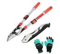 LINZI Garden Loppers Set 3PCs, Heavy Duty Telescopic Ratchet Anvil Loppers Aluminum Handle 695mm-1025 mm + 250mm Folding Pruning Saw Hacksaw + Garden Gloves, Gardening Care Kit