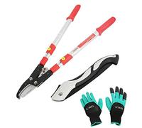 LINZI Garden Shears Loppers Set 3PCs, Heavy Duty Telescopic Ratchet Anvil Loppers 660mm-970mm Aluminum Handle + 250mm Folding Pruning Saw Hacksaw + Garden Gloves, Gardening Care Kit