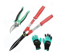LINZI Garden Shears Set 3PCs, 600mm 24 Inch Hedge Shears + 190mm Bypass Pruning Secateurs Scissors + Garden Gloves, Gardening Care Kit
