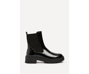 Linzi Women's Landon Black Faux Croc Patent Leather Chunky Ankle Boot | Size: 5-Standard Fit Linzi Black 5-Standard Fit