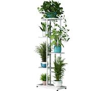 LINZINAR 5 Tier 6 Potted Metal Plant Stand Indoor Outdoor Planter Display Shelf for Patio Garden Corner Balcony Living Room (White Iron)