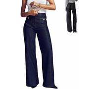 LinZong Women's Tummy Control Sailor Wide Leg Trouser,High Waisted Casual Straight Leg Jeans,Stretch Denim Pants with Pockets (Dark Blue,L)