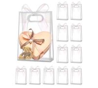 Liobelon 12 Pieces Clear Plastic Gift Bags with Handle Reusable Transparent Gift Bag with Ties PP Gift Wrap Tote Bag with Ribbon for Wedding Bridal Shower Birthday Party 7x10x3.15 Inch (white)