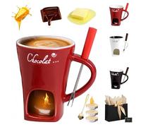 Liocwocne Chocolate Melting Mug with Tea Light, 130ml Chocolate Fondue Mug Set with Fork, Spoon & Candle, Ceramic Butter Warmers Pot Set, Stylish and Elegant(Red)