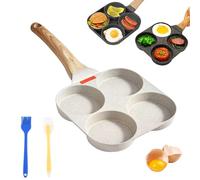 Liocwocne Non-Stick Egg Frying Pan, Omelette Pan Mold Omelette Breakfast Pan, 4 Holes Skillet with Handle for Eggs & Pancakes for Gas, Electric & Induction Hobs, with Detachable Wooden Handle (White)