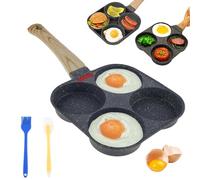 Liocwocne Non-Stick Egg Frying Pan, Omelette Pan Mold Omelette Breakfast Pan, 4 Holes Skillet with Handle for Eggs & Pancakes for Gas, Electric & Induction Hobs, with Detachable Wooden Handle (Black)
