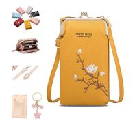 Liocwocne Women Sling Cross-Body Wallet, Multiple Compartments Phone Bag with Mobile Cell Phone Holder, Embroidered Small Leather Phone Bag with Card Slots & Adjustable Strap (Yellow)