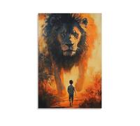 Lion And Boy Wall Art Courage And Strength Themed Painting Inspirational Wildlife Artwork Living Room Office Bold Safari Animal Canvas Print Motivational Home Decor Gift 12x18inch Unframe
