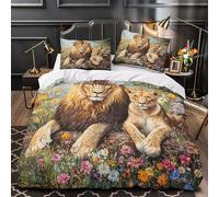 Lion And Cub Comforter Cover 3D Design Printed Super Soft 3 Pcs Bedding Set Zipper Wildlife Painting Quilt Cover Luxury Machine Washable for Kids Girls Boys Adults Women Teens Single（140x200cm）