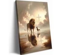 Lion and Lamb Canvas Wall Art Lion of Judah Clouds Cross Painting Picture Wall Decor God Christian Religious Poster Print Artwork for Church Living Room Bedroom Home Decoration