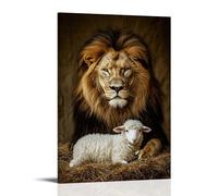 Lion And Lamb Wall Art Hanging Paintings Poster Christian Religious Jesus Christ Spiritual Canvas Print Animal Art Decor for Living Room Home Office 24x36inch(60x90cm)