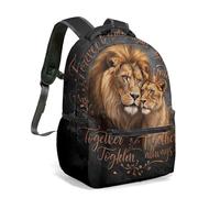 Lion and Lioness King Queen Sketch Backpack, 16 Inch (42cm) Black and White Realism Love Portrait School Bag Rucksack, Crowned Lioness Print with Circular White Text (03)